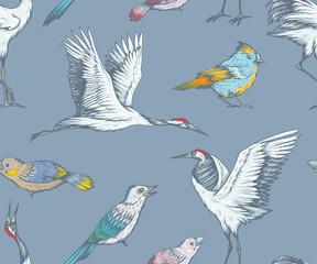 Seamless pattern with cranes and little birds