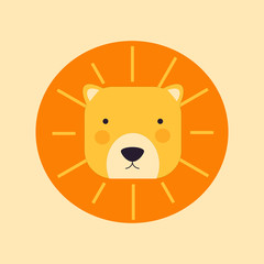 Cartoon cute lion face for new born invitation card. Vector illustration.