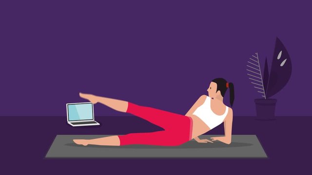Home fitness workout class live streaming online. Woman doing training cardio aerobic exercises watching videos on a laptop in the living room at home. Loopable animation.