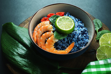 Blue rice with shrimp, lime and hot pepper. Tasty and healthy food