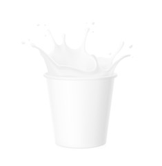 Paper cup with realistic milk splashes and drops. Vector illustration isolated on white background. Ready for your design. EPS10.