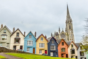 Cathedral  and colored houses in Cobh, Ireland