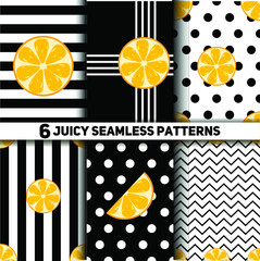 Set of seamless patterns Orange slices on a black and white background