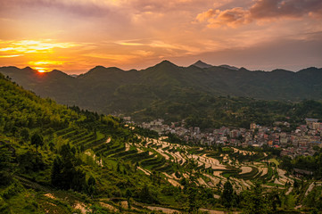 Fototapeta na wymiar Sunset of Mingao terraced rice field in Yongjia county, Zhejiang, China.