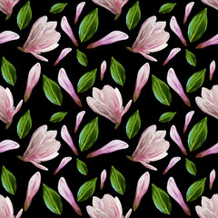 Seamless pattern with blooming magnolia flowers and leaves. Watercolor illustration. Pattern on isolated on black background for your design, wrapping paper, fabric, background