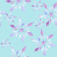 Purple watercolor snowflakes on blue background: tender winter illustration, seamless pattern, frosty background design.