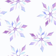 Fototapeta na wymiar Purple watercolor snowflakes on white background: tender winter illustration, seamless pattern, frosty background design.
