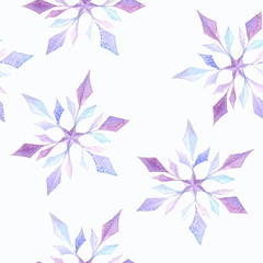 Purple watercolor snowflakes on white background: tender winter illustration, seamless pattern, frosty background design.