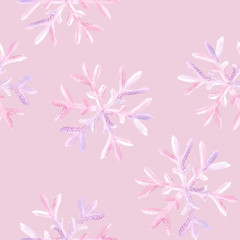 Pink watercolor snowflakes on pink background: tender winter illustration, seamless pattern, frosty background design.