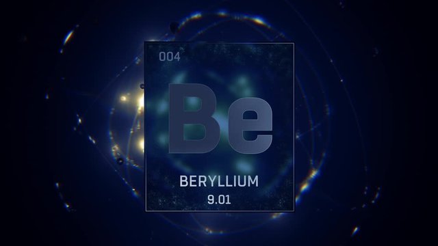 Beryllium as Element 4 of the Periodic Table. Seamlessly looping 3D animation on blue illuminated atom design background with orbiting electrons. Design shows name, atomic weight and element number 