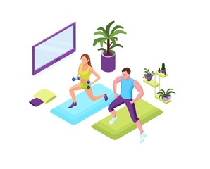 Training at home people, man and woman doing fitness in domestic room during quarantine period, 3d isometric illustration of sport exercises