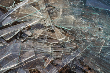 Many pieces of glass of various sizes and shapes lie on the ground. Oblong pieces of glass. Dangerous sharp shards of clear glass. The sun shines on a pile of shards. Background, backdrop.