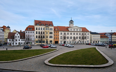 Historische Gebäude am Roßmarkt und Gewandhaus in Zeitz, Burgenlandkreis, Sachsen-Anhalt, Deutschland