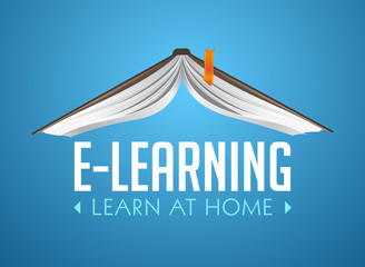 Book as a house roof - elearning idea - stay at home and learn without going to school - obrazy, fototapety, plakaty