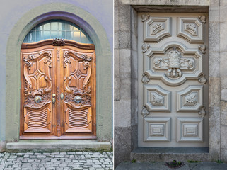 two wooden door with beautiful decorative wooden trim in the historic part of Lisbon