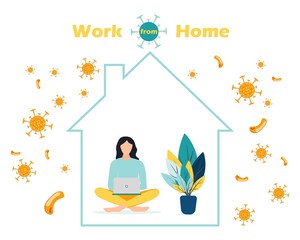 Self-quarantine concept. Work at home during an outbreak of the COVID-19 virus. Coronavirus quarantine preventive measures. Prevent infection spreading. Person working on laptop. Vector illustration