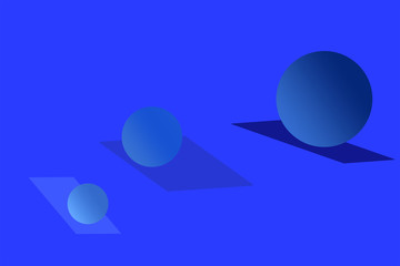 Minimal blue spheres on blue rectangles. 3D circles rendered simple design on classic blue background. geometric figures with gradient shades. Abstract Modern design