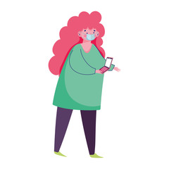 woman with medical mask and smartphone online shopping covid 19