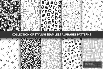 Collection of vector seamless alphabet patterns. Stylish white backgrounds with black latin letters. Trendy textile monochrome textures
