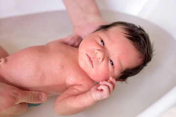 Little newborn baby having first bath in hands of dad. Cute 10 days old little infant girl with dark hair and serious face swimming on back in bathtub. Father care, man on parental leave concept