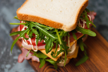 Huge delicious sandwich with ham and sturgeon, arugula, cheese, tomato and mayonnaise on a cutting board in a rustic style on the gray background view from the top