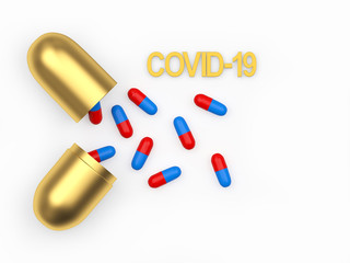 Scattered gold medical capsules and Covid-19 icon isolated on white background. 3D illustration