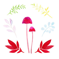 abstract red mushrooms and branches set, watercolor illustration