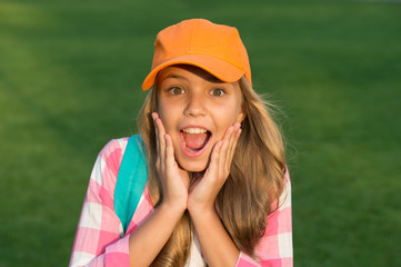 Emotional expression. Good vibes. Summer vacation. Smiling girl. Cheerful schoolgirl. Happy smiling child. Have fun. Healthy emotional happy kid relaxing outdoors. Living happy life. Positive concept