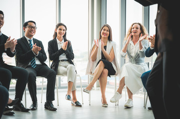 Business People Meeting Conference Discussion Corporate Concept in office. Team of newage Multiethnic Diverse Busy Business People in seminar Concept.