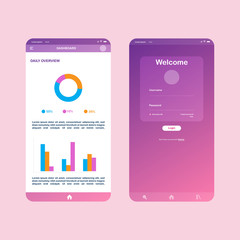 Flat design responsive Admin Dashboard UI mobile app. UI mobile log in and dashboard app. app flat design template for mobile apps, responsive website wireframes. Web design UI kit.