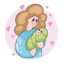 Motherhood concept. Mother holding baby. Vector illustration in doodle style  for Mother`s Day.