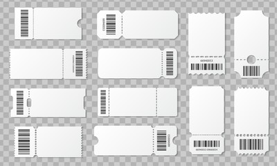 Blank ticket with barcode set. Template for concert, movie, theater and boarding tickets, lottery and discount coupons with ruffled edges - obrazy, fototapety, plakaty
