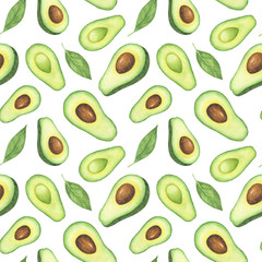 Watercolor Avocado and Leaves Pattern
