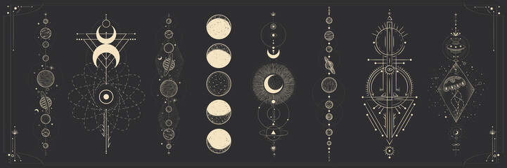 the sun and moon, the beauty of the eastern night. traditional folk spiritual elements. space objects. Vector graphics - obrazy, fototapety, plakaty