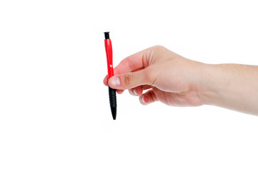 Pen a contract. Ballpoint pen isolated on white. Ball pen in male hand. Office stationery. Pen and ink. Literary activities. Business letter writing. Journalism school. Education and study
