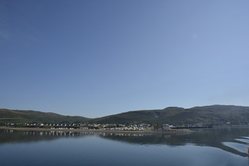 Ullapool from ferry to Stornoway showing caravan park
