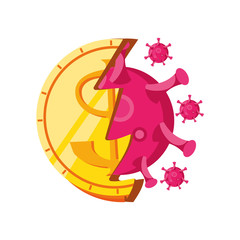 broken coin by virus on white background