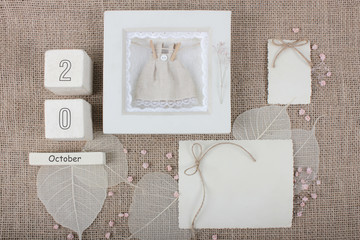 Calendar. October 20th. Wood cube calendar with date of month and day. Newborn postcard concept for...