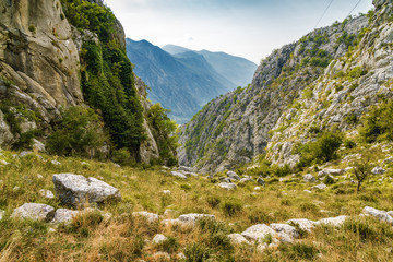 Sunny morning view of Boka Kotor Bay near Risan, Montenegro, Europe.