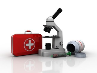 3d rendering Microscope with first aid box
