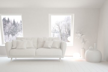 White minimalist living room with sofa. Scandinavian interior design. 3D illustration