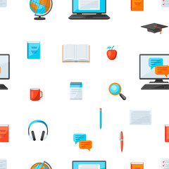 Seamless pattern with online studying at home items. Distance education.