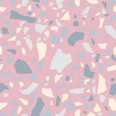 Pastel terrazzo flooring seamless pattern. Vector texture of mosaic floor with natural stones, pale pink color, granite, marble, limestone, concrete. 