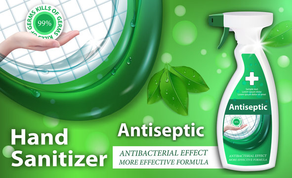Antiseptic for hands and surfaces spray dispenser. Sanitizer ads in container with leaves elements. Antibacterial effect, best protection against viruses. Horizontal banner. Vector