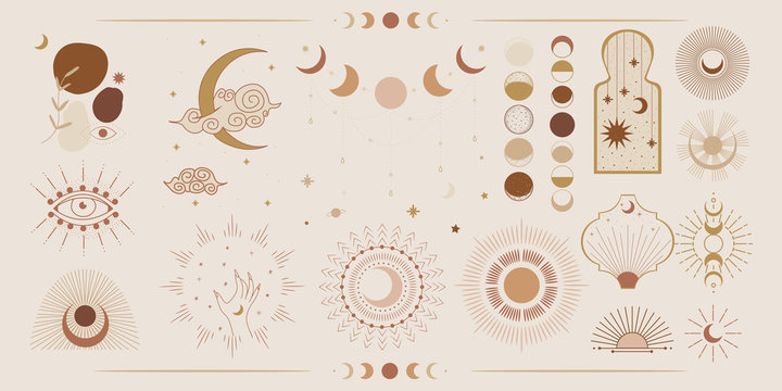 Minimalism in pastel colors. abstraction style. phases of the moon and the sun. mystical elements for your design. fashion and trend. Vector graphics