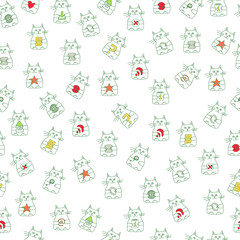 Seamless pattern with cute cats holding internet icons in paws. Vector illustration for web design, textile and fabric, wallpaper and wrapping paper