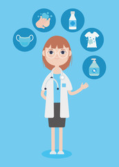 cartoon doctor woman and cleaning preventions symbols, colorful design