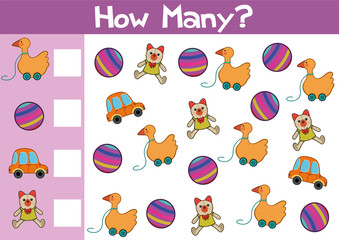 Counting toys game illustration for preschool kids in vector format.