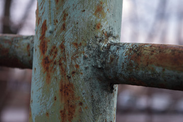rust old blue paint metal pipe fence