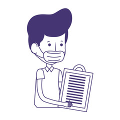 man with medical mask and clipboard online shopping covid 19 line style